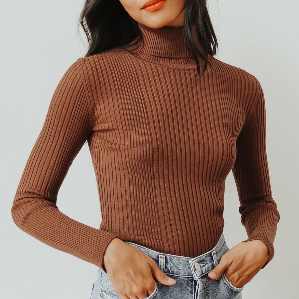 Lulus Chic Observations Brown Ribbed Turtleneck Sweater Top - Size S